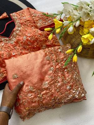 Pure Soft Fandy Satin SEQUENCE Work Women's Orange Color Saree With Blouse Set 4