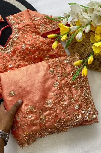 Pure Soft Fandy Satin SEQUENCE Work Women's Orange Color Saree With Blouse Set