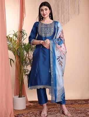 Blue color art silk embroidered yoke design kurti pant dupatta set. 1