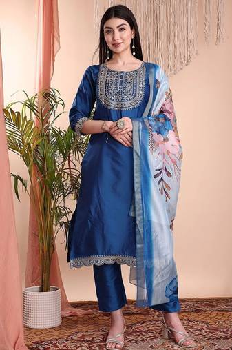Blue color art silk embroidered yoke design kurti pant dupatta set.