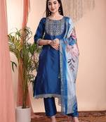 Blue color art silk embroidered yoke design kurti pant dupatta set.