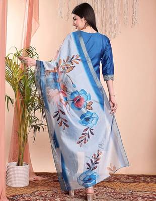 Blue color art silk embroidered yoke design kurti pant dupatta set. 2