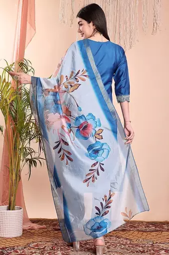 Blue color art silk embroidered yoke design kurti pant dupatta set.
