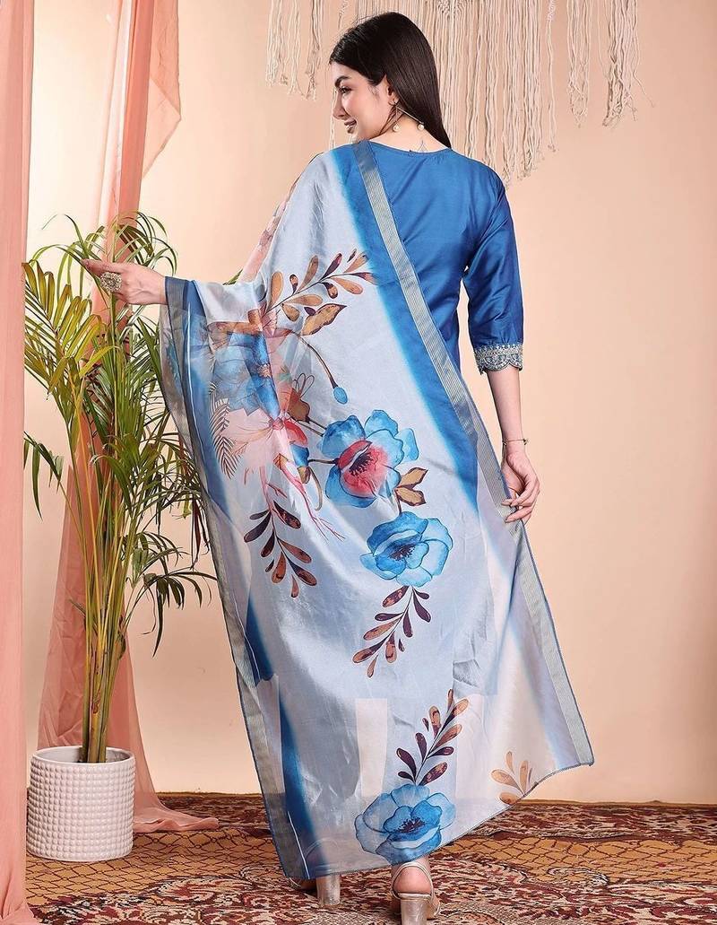 Blue color art silk embroidered yoke design kurti pant dupatta set.