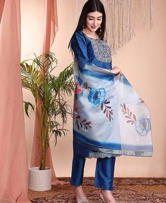 Blue color art silk embroidered yoke design kurti pant dupatta set. 3