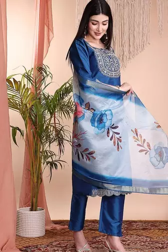 Blue color art silk embroidered yoke design kurti pant dupatta set.