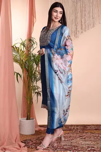 Blue color art silk embroidered yoke design kurti pant dupatta set.