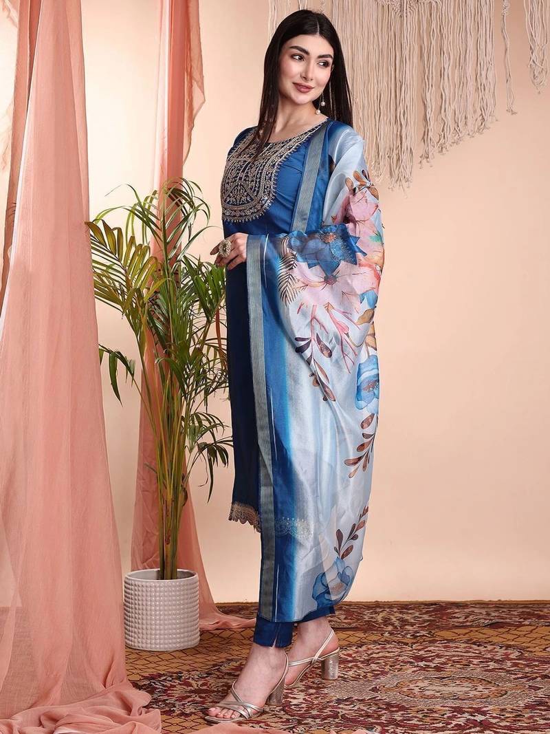 Blue color art silk embroidered yoke design kurti pant dupatta set.