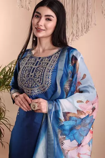Blue color art silk embroidered yoke design kurti pant dupatta set.