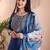 Blue color art silk embroidered yoke design kurti pant dupatta set.