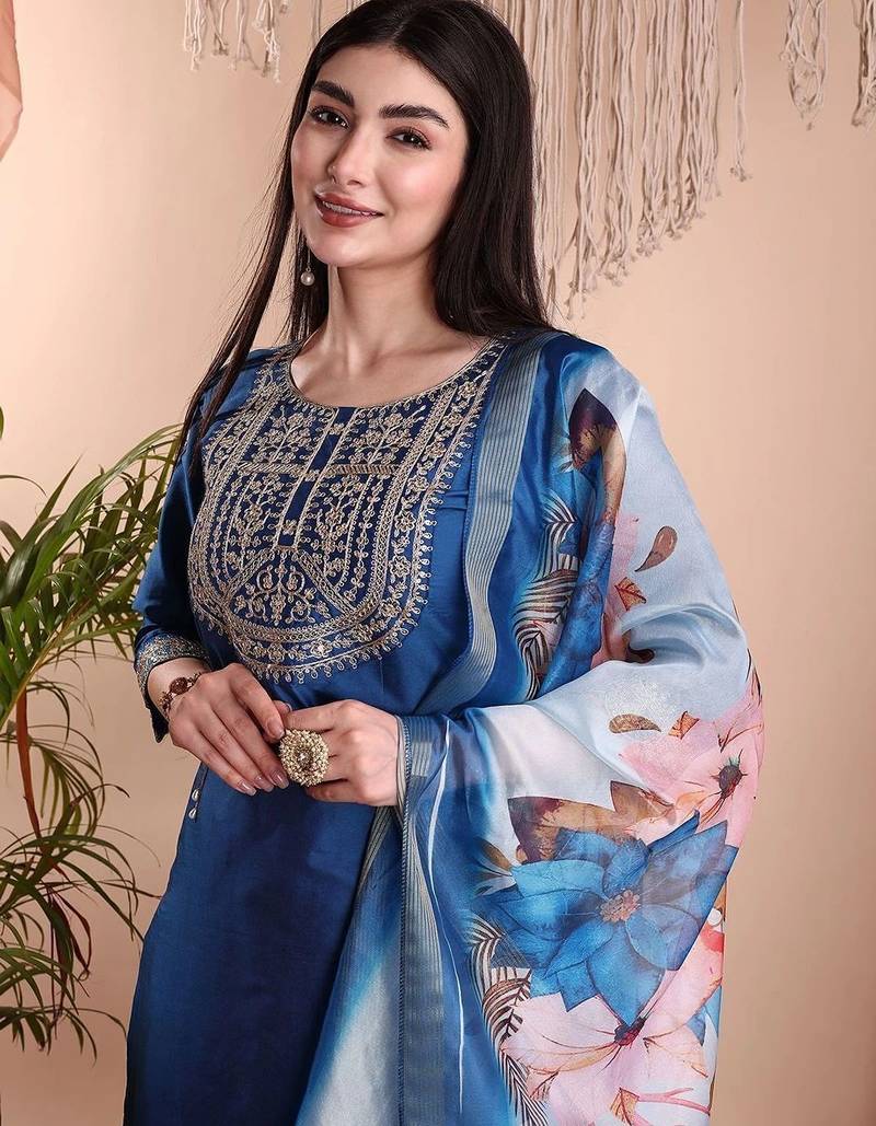 Blue color art silk embroidered yoke design kurti pant dupatta set.