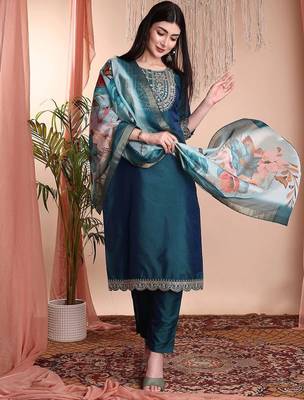 Green color art silk embroidered yoke design kurti pant dupatta set. 1