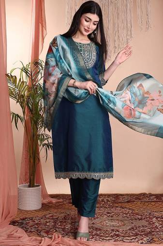 Green color art silk embroidered yoke design kurti pant dupatta set.