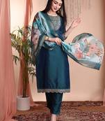 Green color art silk embroidered yoke design kurti pant dupatta set.