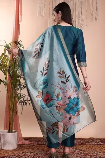 Green color art silk embroidered yoke design kurti pant dupatta set.