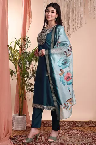 Green color art silk embroidered yoke design kurti pant dupatta set.