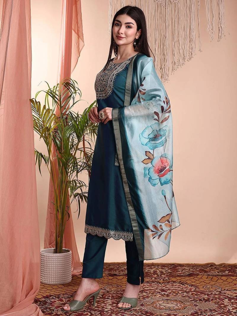 Green color art silk embroidered yoke design kurti pant dupatta set.