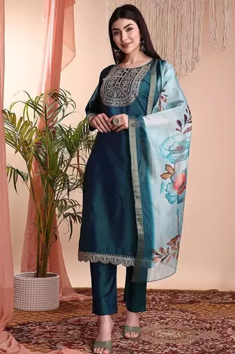 Green color art silk embroidered yoke design kurti pant dupatta set.