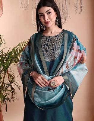 Green color art silk embroidered yoke design kurti pant dupatta set. 5