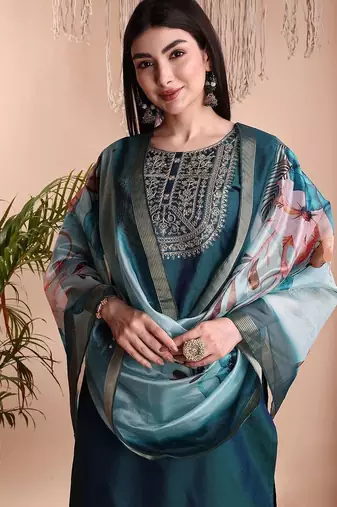 Green color art silk embroidered yoke design kurti pant dupatta set.