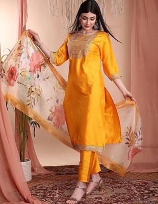 Mustard color art silk embroidered yoke design kurti pant dupatta set. 1