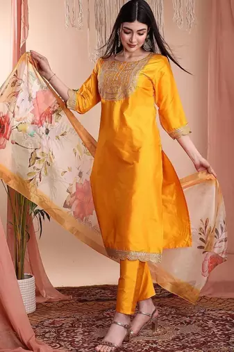 Mustard color art silk embroidered yoke design kurti pant dupatta set.