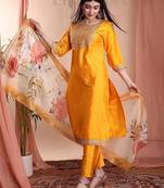 Mustard color art silk embroidered yoke design kurti pant dupatta set.