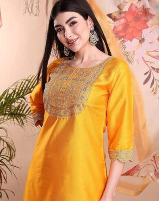 Mustard color art silk embroidered yoke design kurti pant dupatta set. 2