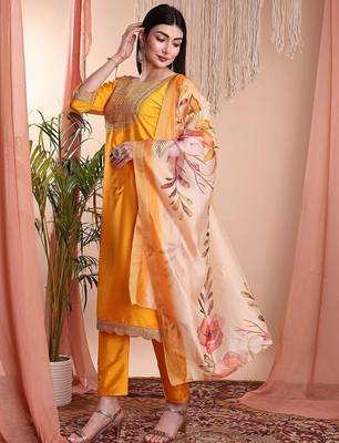 Mustard color art silk embroidered yoke design kurti pant dupatta set. 3