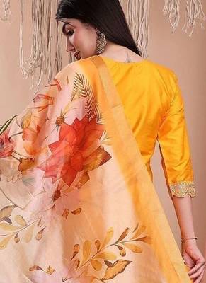 Mustard color art silk embroidered yoke design kurti pant dupatta set. 4
