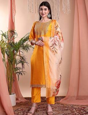 Mustard color art silk embroidered yoke design kurti pant dupatta set. 5
