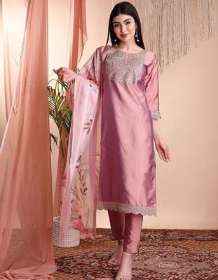 Peach color art silk embroidered yoke design kurti pant dupatta set. 1