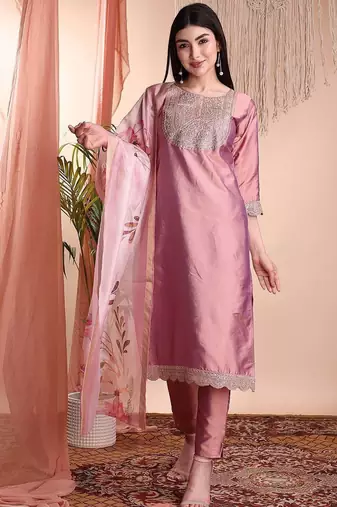 Peach color art silk embroidered yoke design kurti pant dupatta set.