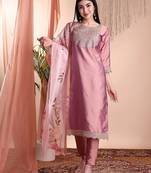 Peach color art silk embroidered yoke design kurti pant dupatta set.