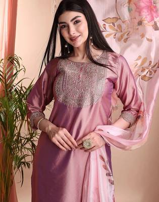 Peach color art silk embroidered yoke design kurti pant dupatta set. 2