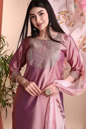 Peach color art silk embroidered yoke design kurti pant dupatta set.