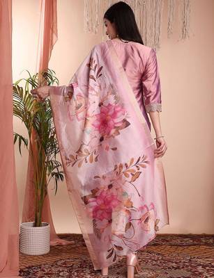 Peach color art silk embroidered yoke design kurti pant dupatta set. 3