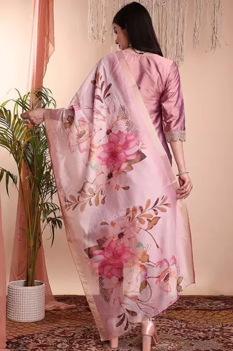 Peach color art silk embroidered yoke design kurti pant dupatta set.