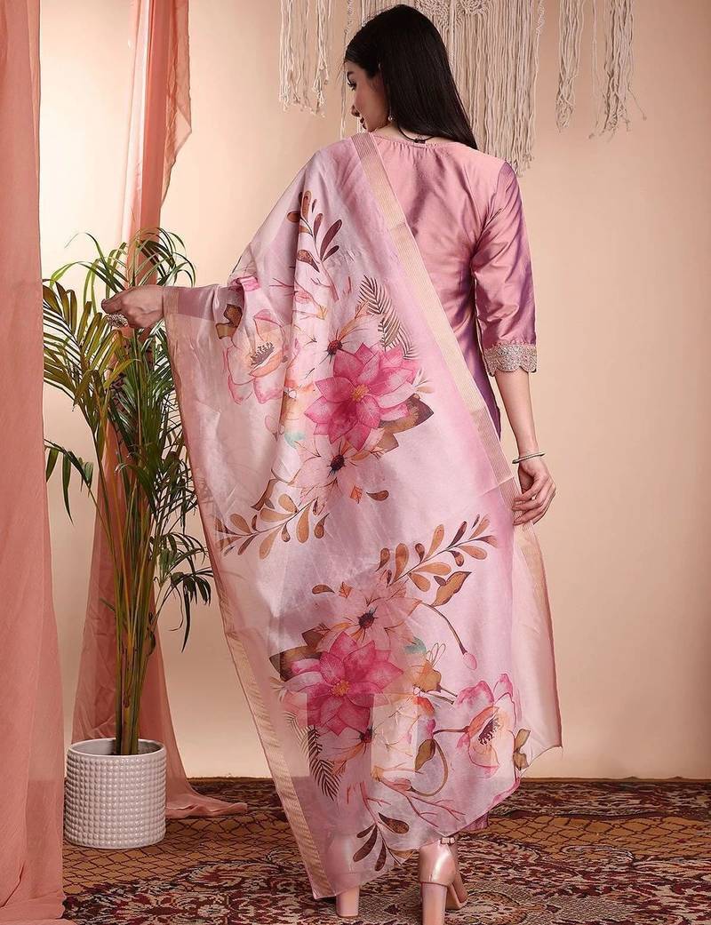 Peach color art silk embroidered yoke design kurti pant dupatta set.