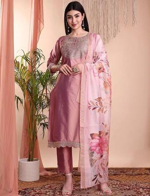 Peach color art silk embroidered yoke design kurti pant dupatta set. 4