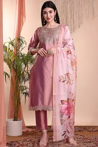 Peach color art silk embroidered yoke design kurti pant dupatta set.