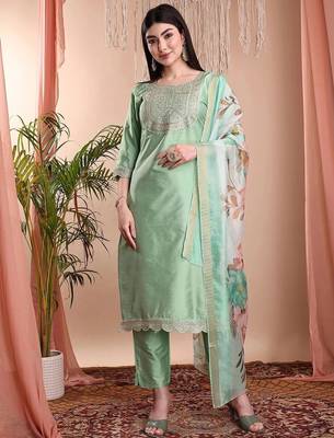 Pista color art silk embroidered yoke design kurti pant dupatta set. 1