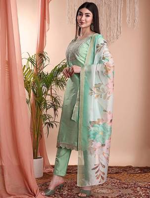 Pista color art silk embroidered yoke design kurti pant dupatta set. 2