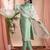 Pista color art silk embroidered yoke design kurti pant dupatta set.