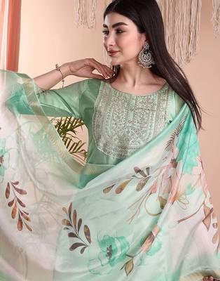 Pista color art silk embroidered yoke design kurti pant dupatta set. 4