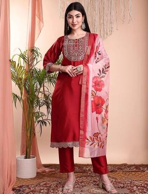 Red color art silk embroidered yoke design kurti pant dupatta set. 1