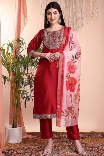 Red color art silk embroidered yoke design kurti pant dupatta set.
