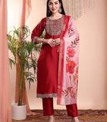 Red color art silk embroidered yoke design kurti pant dupatta set.