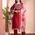 Red color art silk embroidered yoke design kurti pant dupatta set.