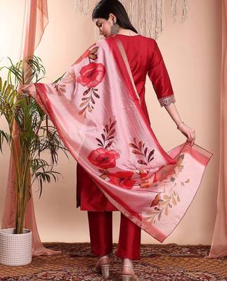 Red color art silk embroidered yoke design kurti pant dupatta set. 2